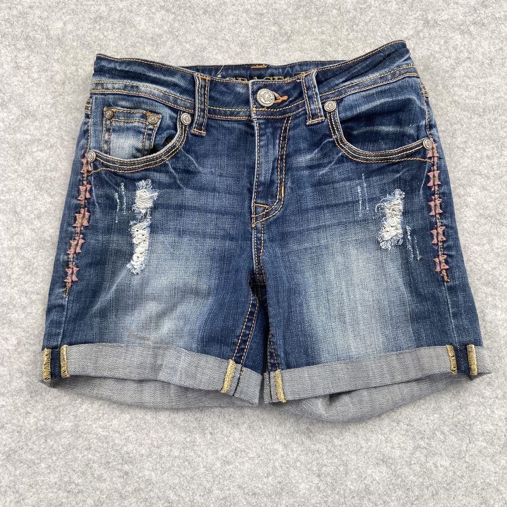 Grace In LA Bermuda Shorts Womens 26 (26x4) Blue Distressed Rhinestone *STAIN*
